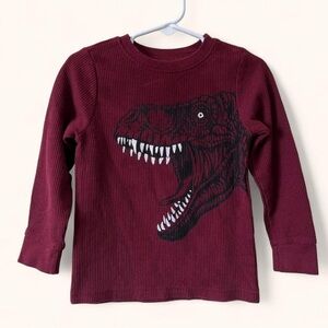 2T Boy Cooper Denim Long Sleeve Waffle Knit Burgundy Thermal T-Rex Dino T-Shirt